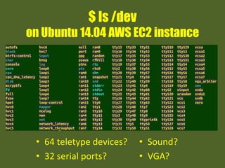 $ ls /dev
on Ubuntu 14.04 AWS EC2 instance
• 64 teletype devices?
• 32 serial ports?
• Sound?
• VGA?
 