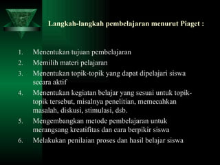 Langkah-langkah pembelajaran menurut Piaget : Menentukan tujuan pembelajaran Memilih materi pelajaran Menentukan topik-topik yang dapat dipelajari siswa secara aktif Menentukan kegiatan belajar yang sesuai untuk topik-topik tersebut, misalnya penelitian, memecahkan masalah, diskusi, stimulasi, dsb. Mengembangkan metode pembelajaran untuk merangsang kreatifitas dan cara berpikir siswa Melakukan penilaian proses dan hasil belajar siswa 