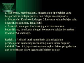 c. Hubermas, membedakan 3 macam atau tipe belajar yaitu belajar teknis, belajar praktis, dan belajar emansipatoris. d. Bloom dan Krathwohl, dengan 3 kawasan tujuan belajar yaitu kognitif, psikomotor, dan afektif. e. Ausubel, walaupun termasuk juga ke dalam aliran kognitifisme, ia terkenal dengan konsepnya belajar bermakna ( Meaningful learning ). Refleksi : Aplikasi teori humanistik dalam kegiatan pembelajaran cenderung mendorong siswa untuk berpikir induktif. Teori ini juga amat mementingkan faktor pengalaman dan keterlibatan siswa secara aktif dalam belajar. 