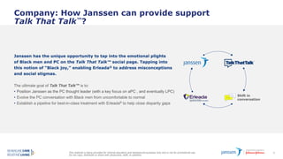 This material is being provided for internal education and background purposes only and is not for promotional use.
Do not copy, distribute or share with physicians, staff, or patients.
14
Company: How Janssen can provide support
Talk That Talk™?
Janssen has the unique opportunity to tap into the emotional plights
of Black men and PC on the Talk That Talk™ social page. Tapping into
this notion of “Black joy,” enabling Erleada® to address misconceptions
and social stigmas.
The ultimate goal of Talk That Talk™ is to:
• Position Janssen as the PC thought leader (with a key focus on aPC , and eventually LPC)
• Evolve the PC conversation with Black men from uncomfortable to normal
• Establish a pipeline for best-in-class treatment with Erleada® to help close disparity gaps
Shift in
conversation
 