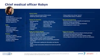 This material is being provided for internal education and background purposes only and is not for promotional use.
Do not copy, distribute or share with physicians, staff, or patients.
23
Chief medical officer Robyn
• Median age: 47
• Median household income: $38k
• Educational attainment
• High school diploma: 43%
• Bachelor degree 21%
Feelings and aspirations Self and social experiences
• Strong connection to cultural identity and experiences
• Strives for success and influence
• Enjoys being a socialite and making connections
• Pushes beyond her comfort zone
Needs
• Respect
• Access to information
• Community support
• Truth-telling of the Black
• Practice faith
Stressors
• Holding it all together
• Affordable access to healthcare
• Finding efficiencies
• Caregiver responsibilities
• Financial security
• Redefine media portrayals of Black women
• Shattering systemic glass ceilings
• Always needs to be a strong “warrior”
• Grounding Black beauty in traditions
Cultural context
• Self-assured and
secure
• Greater purpose
• Family duty
• Frustrated
• Overwhelmed
• Fatigued
• Striking a life balance
• Mind, body, spirit health
• Community unity
• Goal oriented
• Financial security
Family and community
• Willing to sacrifice family time to help her family get ahead
• Community and social justice advocate
• Self-reliant, more likely to reach out to friends vs family
• Strong religious beliefs don't correlate with service attendance
Health and wellness attitudes
• Health and wellness information seeker
• Preventive approach to healthcare
• Healthcare costs are no object
• Open to trying new drugs to treat health conditions
• Skips medication without medical consultation
• Holistic medical approach due to concerns with prescription
side effects
• Is very resourceful in getting the information and help she
needs
• Helps to propel conversations between her loved one and their
doctor
 