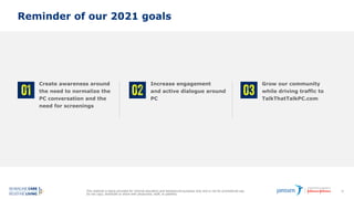 This material is being provided for internal education and background purposes only and is not for promotional use.
Do not copy, distribute or share with physicians, staff, or patients.
55
Reminder of our 2021 goals
Create awareness around
the need to normalize the
PC conversation and the
need for screenings
Grow our community
while driving traffic to
TalkThatTalkPC.com
Increase engagement
and active dialogue around
PC
 