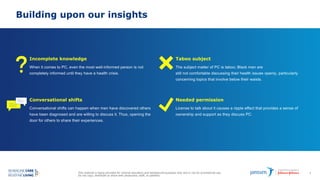 This material is being provided for internal education and background purposes only and is not for promotional use.
Do not copy, distribute or share with physicians, staff, or patients.
8
Building upon our insights
Incomplete knowledge
When it comes to PC, even the most well-informed person is not
completely informed until they have a health crisis.
Taboo subject
The subject matter of PC is taboo; Black men are
still not comfortable discussing their health issues openly, particularly
concerning topics that involve below their waists.
Conversational shifts
Conversational shifts can happen when men have discovered others
have been diagnosed and are willing to discuss it. Thus, opening the
door for others to share their experiences.
Needed permission
License to talk about it causes a ripple effect that provides a sense of
ownership and support as they discuss PC.
 