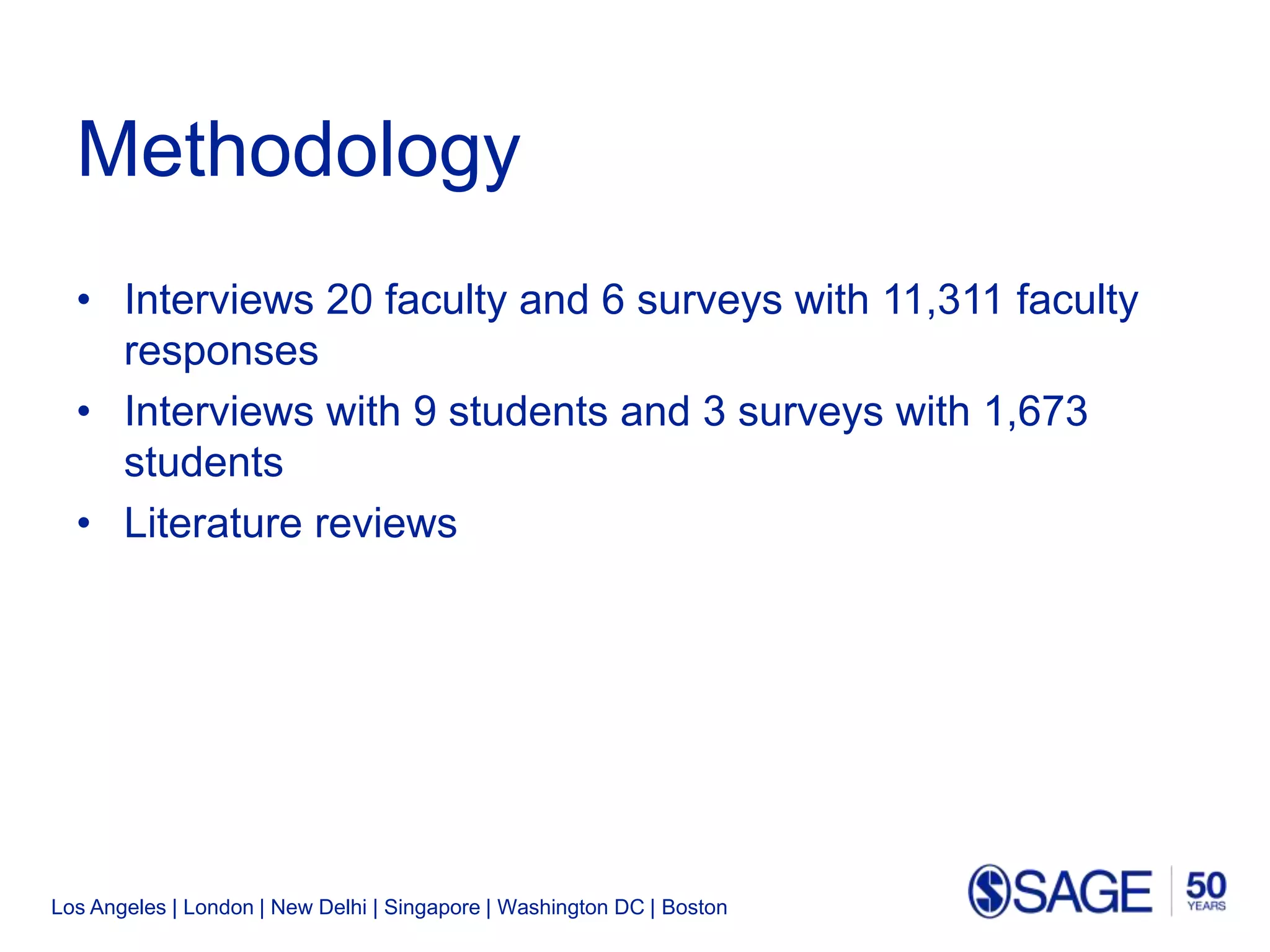 Los Angeles | London | New Delhi | Singapore | Washington DC | Boston
Methodology
• Interviews 20 faculty and 6 surveys with 11,311 faculty
responses
• Interviews with 9 students and 3 surveys with 1,673
students
• Literature reviews
 