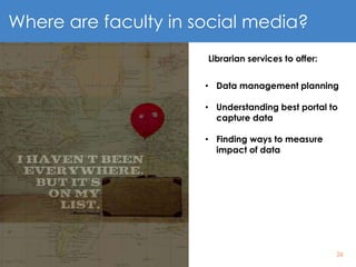 26
Where are faculty in social media?
Librarian services to offer:
• Data management planning
• Understanding best portal to
capture data
• Finding ways to measure
impact of data
 