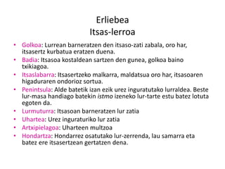 Erliebea
Itsas-lerroa
• Golkoa: Lurrean barneratzen den itsaso-zati zabala, oro har,
itsasertz kurbatua eratzen duena.
• Badia: Itsasoa kostaldean sartzen den gunea, golkoa baino
txikiagoa.
• Itsaslabarra: Itsasertzeko malkarra, maldatsua oro har, itsasoaren
higaduraren ondorioz sortua.
• Penintsula: Alde batetik izan ezik urez inguratutako lurraldea. Beste
lur-masa handiago batekin istmo izeneko lur-tarte estu batez lotuta
egoten da.
• Lurmuturra: Itsasoan barneratzen lur zatia
• Uhartea: Urez inguraturiko lur zatia
• Artxipielagoa: Uharteen multzoa
• Hondartza: Hondarrez osatutako lur-zerrenda, lau samarra eta
batez ere itsasertzean gertatzen dena.
 