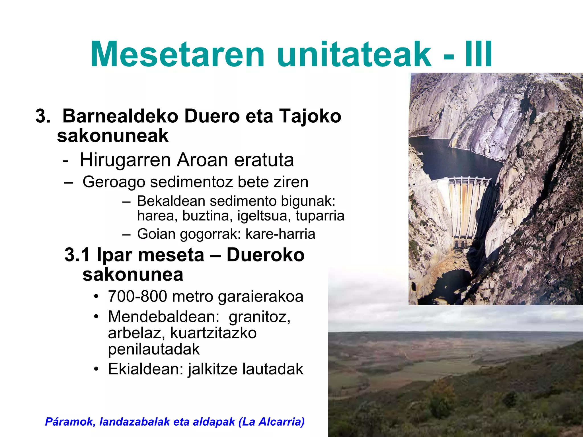 Mesetaren unitateak - III 3.  Barnealdeko Duero eta Tajoko sakonuneak -  Hirugarren Aroan eratuta Geroago sedimentoz bete ziren Bekaldean sedimento bigunak: harea, buztina, igeltsua, tuparria Goian gogorrak: kare-harria 3.1 Ipar meseta – Dueroko sakonunea   700-800 metro garaierakoa Mendebaldean:  granitoz, arbelaz, kuartzitazko penilautadak Ekialdean: jalkitze lautadak   Páramok, landazabalak eta aldapak (La Alcarria) 