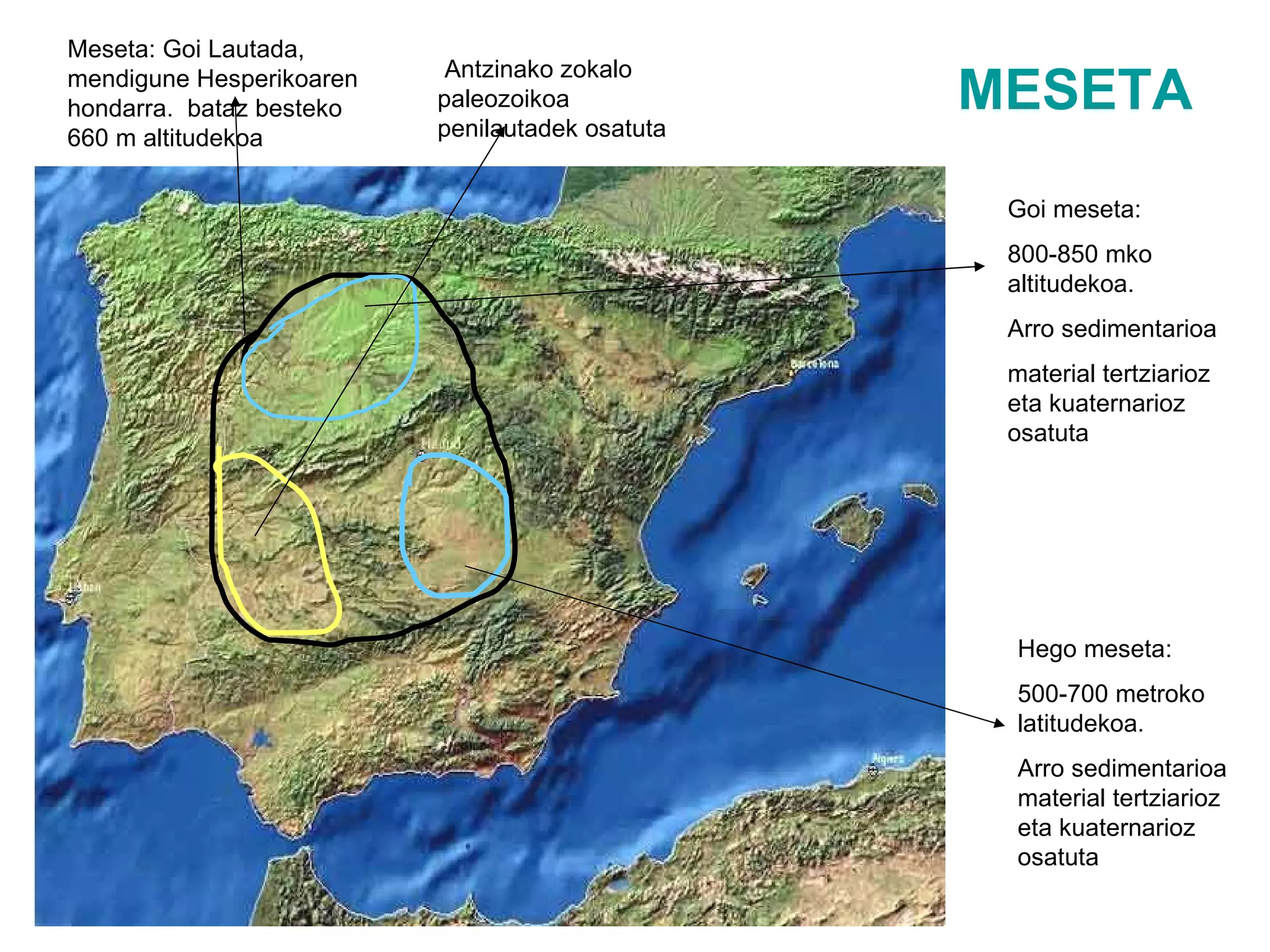 MESETA Meseta: Goi Lautada, mendigune Hesperikoaren hondarra.  bataz besteko 660 m altitudekoa Antzinako zokalo paleozoikoa penilautadek osatuta Goi meseta: 800-850 mko altitudekoa. Arro sedimentarioa material tertziarioz eta kuaternarioz osatuta Hego meseta:  500-700 metroko latitudekoa. Arro sedimentarioa material tertziarioz eta kuaternarioz osatuta 