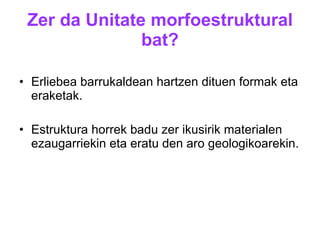 Zer da Unitate morfoestruktural bat? Erliebea barrukaldean hartzen dituen formak eta eraketak. Estruktura horrek badu zer ikusirik materialen ezaugarriekin eta eratu den aro geologikoarekin. 