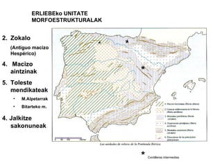 * * * *  Cordilleras intermedias Zokalo (Antiguo macizo Hespérico) Macizo aintzinak Toleste mendikateak M.Alpetarrak Bitarteko m. 4.   Jalkitze sakonuneak ERLIEBEko UNITATE MORFOESTRUKTURALAK 