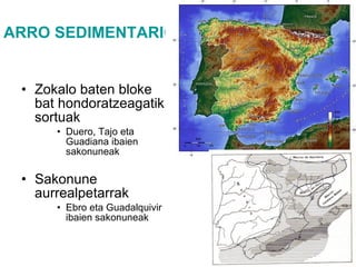 ARRO SEDIMENTARIOAK EDO SAKONUNEAK Zokalo baten bloke bat hondoratzeagatik sortuak Duero, Tajo eta Guadiana ibaien sakonuneak Sakonune aurrealpetarrak Ebro eta Guadalquivir ibaien sakonuneak 