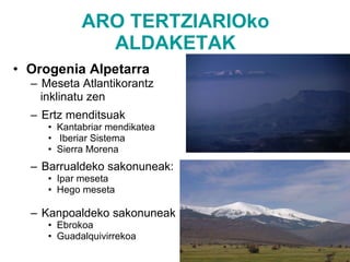 ARO TERTZIARIOko ALDAKETAK Orogenia Alpetarra   Meseta Atlantikorantz  inklinatu zen Ertz menditsuak Kantabriar mendikatea Iberiar Sistema  Sierra Morena Barrualdeko sakonuneak: Ipar meseta Hego meseta Kanpoaldeko sakonuneak Ebrokoa Guadalquivirrekoa Albarracin mendizerra eta Moncayo mendia 