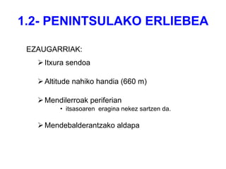 1.2- PENINTSULAKO ERLIEBEA EZAUGARRIAK: Itxura sendoa Altitude nahiko handia (660 m) Mendilerroak periferian itsasoaren  eragina nekez sartzen da. Mendebalderantzako aldapa 