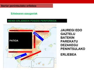 Iberiar penintsulako erliebea
Erliebearen ezaugarriak
PATIOA
HARRESIA
HARRESIA
HARRESIA
FOSOA
FO
SO
A
HARRESIA
HARRESIA
JAUREGI EDO
GAZTELU
BATEKIN
PAREKATU
DEZAKEGU
PENINTSULAKO
ERLIEBEA
MENDI ERLIEBEEN POSIZIO PERIFERIKOA
 