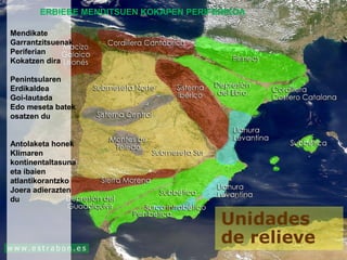 Mendikate
Garrantzitsuenak
Periferian
Kokatzen dira
Penintsularen
Erdikaldea
Goi-lautada
Edo meseta batek
osatzen du
Antolaketa honek
Klimaren
kontinentaltasuna
eta ibaien
atlantikorantzko
Joera adierazten
du
ERBIEBE MENDITSUEN KOKAPEN PERIFERIKOA
 