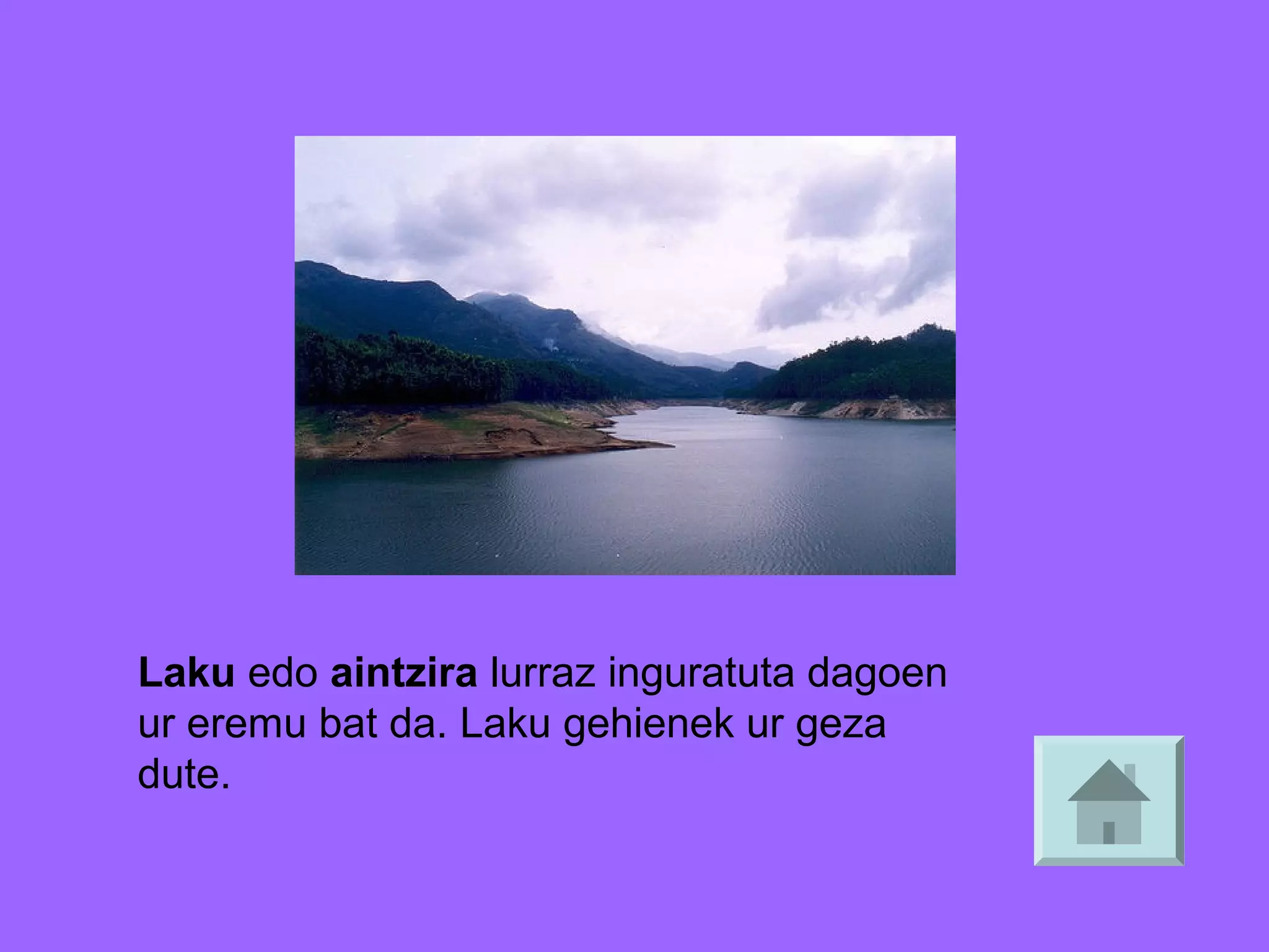 Laku edo aintzira lurraz inguratuta dagoen
ur eremu bat da. Laku gehienek ur geza
dute.

 