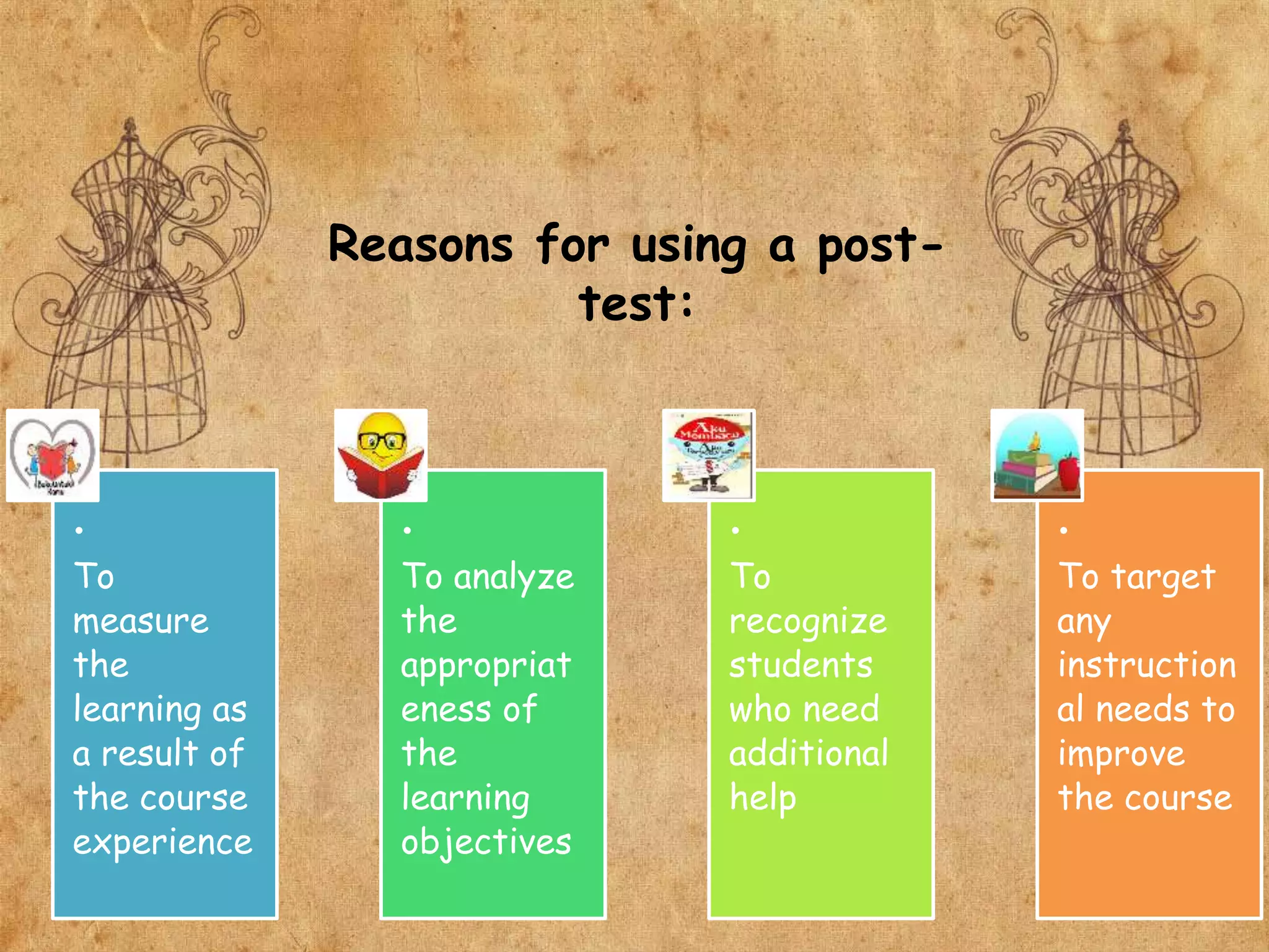 Reasons for using a post-
test:
•
To
measure
the
learning as
a result of
the course
experience
•
To analyze
the
appropriat
eness of
the
learning
objectives
•
To
recognize
students
who need
additional
help
•
To target
any
instruction
al needs to
improve
the course
 