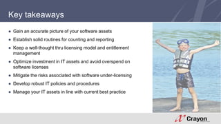 Key takeaways 
● Gain an accurate picture of your software assets 
● Establish solid routines for counting and reporting 
● Keep a well-thought thru licensing model and entitlement 
management 
● Optimize investment in IT assets and avoid overspend on 
software licenses 
● Mitigate the risks associated with software under-licensing 
● Develop robust IT policies and procedures 
● Manage your IT assets in line with current best practice 
 