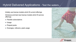 Hybrid Delivered Applications - Test the waters... 
Initially use license models which fit current offerings 
Introduce and test new license models which fit service 
offerings 
● Flexible subscriptions 
● Usage 
● Prepaid pools 
● Overages, rollovers, peak usage 
 