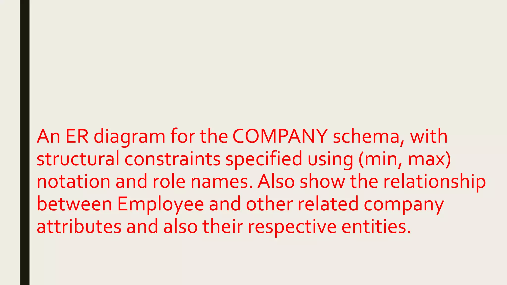 An ER diagram for the COMPANY schema, with
structural constraints specified using (min, max)
notation and role names. Also show the relationship
between Employee and other related company
attributes and also their respective entities.