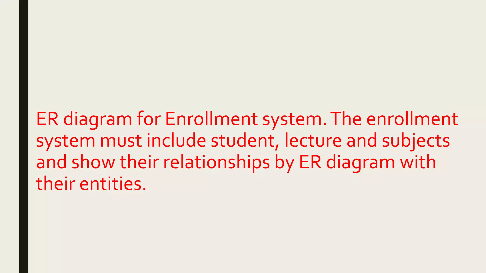 ER diagram for Enrollment system.The enrollment
system must include student, lecture and subjects
and show their relationships by ER diagram with
their entities.