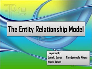 The Entity Relationship Model

               Prepared by:
               Jane L. Garay   Ronnjemmele Rivera
               Karina Limbo
 