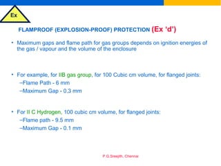 Ex
P.G.Sreejith, Chennai
FLAMPROOF (EXPLOSION-PROOF) PROTECTION (Ex ‘d’)
• Maximum gaps and flame path for gas groups depends on ignition energies of
the gas / vapour and the volume of the enclosure
• For example, for IIB gas group, for 100 Cubic cm volume, for flanged joints:
–Flame Path - 6 mm
–Maximum Gap - 0.3 mm
• For II C Hydrogen, 100 cubic cm volume, for flanged joints:
–Flame path - 9.5 mm
–Maximum Gap - 0.1 mm
 