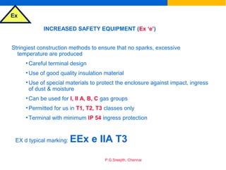 Ex
P.G.Sreejith, Chennai
INCREASED SAFETY EQUIPMENT (Ex ‘e’)
Stringiest construction methods to ensure that no sparks, excessive
temperature are produced
•Careful terminal design
•Use of good quality insulation material
•Use of special materials to protect the enclosure against impact, ingress
of dust & moisture
•Can be used for I, II A, B, C gas groups
•Permitted for us in T1, T2, T3 classes only
•Terminal with minimum IP 54 ingress protection
EX d typical marking: EEx e IIA T3
 