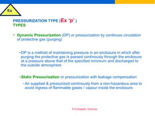 Ex
P.G.Sreejith, Chennai
PRESSURIZATION TYPE (Ex ‘p’ )
TYPES
• Dynamic Pressurization (DP) or pressurization by continuos circulation
of protective gas (purging)
–DP is a method of maintaining pressure in an enclosure in which after
purging the protective gas is passed continously through the enclosure
at a pressure above that of the specified minimum and discharged to
the outside atmosphere
–Static Pressurization or pressurization with leakage compensation
- Air supplied & pressurized continously from a non-hazardous area to
avoid ingress of flammable gases / vapour inside the enclosure
 