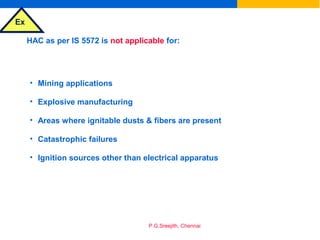 Ex
P.G.Sreejith, Chennai
HAC as per IS 5572 is not applicable for:
• Mining applications
• Explosive manufacturing
• Areas where ignitable dusts & fibers are present
• Catastrophic failures
• Ignition sources other than electrical apparatus
 