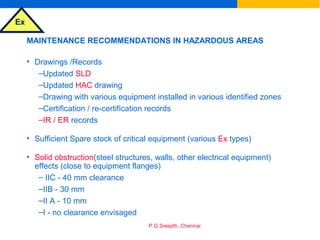 Ex
P.G.Sreejith, Chennai
MAINTENANCE RECOMMENDATIONS IN HAZARDOUS AREAS
• Drawings /Records
–Updated SLD
–Updated HAC drawing
–Drawing with various equipment installed in various identified zones
–Certification / re-certification records
–IR / ER records
• Sufficient Spare stock of critical equipment (various Ex types)
• Solid obstruction(steel structures, walls, other electrical equipment)
effects (close to equipment flanges)
– IIC - 40 mm clearance
–IIB - 30 mm
–II A - 10 mm
–I - no clearance envisaged
 
