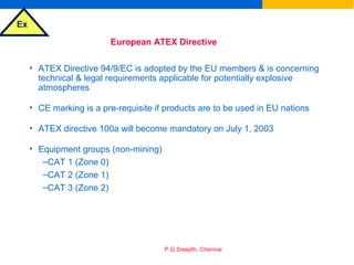 Ex
P.G.Sreejith, Chennai
European ATEX Directive
• ATEX Directive 94/9/EC is adopted by the EU members & is concerning
technical & legal requirements applicable for potentially explosive
atmospheres
• CE marking is a pre-requisite if products are to be used in EU nations
• ATEX directive 100a will become mandatory on July 1, 2003
• Equipment groups (non-mining)
–CAT 1 (Zone 0)
–CAT 2 (Zone 1)
–CAT 3 (Zone 2)
 