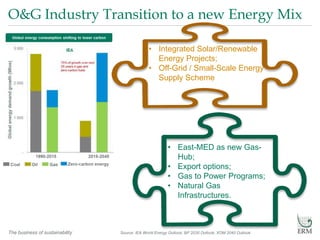 The business of sustainability
O&G Industry Transition to a new Energy Mix
Source: IEA World Energy Outlook, BP 2035 Outlook, XOM 2040 Outlook
• East-MED as new Gas-
Hub;
• Export options;
• Gas to Power Programs;
• Natural Gas
Infrastructures.
• Integrated Solar/Renewable
Energy Projects;
• Off-Grid / Small-Scale Energy
Supply Scheme
 