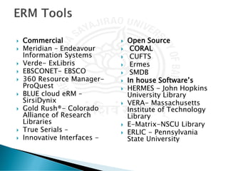  Commercial
 Meridian – Endeavour
Information Systems
 Verde- ExLibris
 EBSCONET- EBSCO
 360 Resource Manager-
ProQuest
 BLUE cloud eRM –
SirsiDynix
 Gold Rush®- Colorado
Alliance of Research
Libraries
 True Serials –
 Innovative Interfaces -
 Open Source
 CORAL
 CUFTS
 Ermes
 SMDB
 In house Software’s
 HERMES - John Hopkins
University Library
 VERA- Massachusetts
Institute of Technology
Library
 E-Matrix-NSCU Library
 ERLIC - Pennsylvania
State University
 