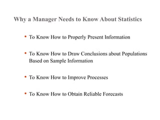 Why a Manager Needs to Know About Statistics
 To Know How to Properly Present Information
 To Know How to Draw Conclusions about Populations
Based on Sample Information
 To Know How to Improve Processes
 To Know How to Obtain Reliable Forecasts
 
