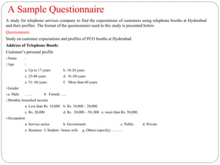 A Sample Questionnaire
A study for telephone services company to find the expectations of customers using telephone booths at Hyderabad
and their profiles. The format of the questionnaire used in this study is presented below:
Questionnaire
Study on customer expectations and profiles of PCO booths at Hyderabad
Address of Telephone Booth:
Customer’s personal profile
1.Name :
2.Age :
a. Up to 17 years b. 18-24 years
c. 25-40 years d. 41-50 years
e. 51- 60 years f. More than 60 years
3.Gender
4.a. Male …… b. Female …..
5.Monthly househod income
a. Less than Rs. 10,000 b. Rs. 10,000 – 20,000
c. Rs. 20,000 d. Rs. 30,000 – 50, 000 e. more than Rs. 50,000.
6.Occupation
a. Service sector b. Government c. Public d. Private
e. Business f. Student / house wife g. Others (specify) ………
 