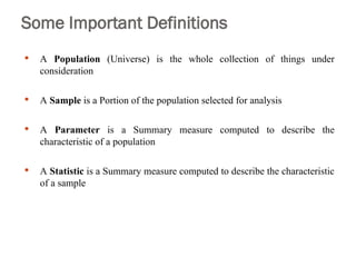 Some Important Definitions
 A Population (Universe) is the whole collection of things under
consideration
 A Sample is a Portion of the population selected for analysis
 A Parameter is a Summary measure computed to describe the
characteristic of a population
 A Statistic is a Summary measure computed to describe the characteristic
of a sample
 
