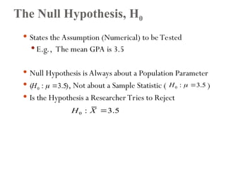 The Null Hypothesis, H0
 States the Assumption (Numerical) to be Tested
 E.g., The mean GPA is 3.5
 Null Hypothesis is Always about a Population Parameter
 ( ), Not about a Sample Statistic ( )
 Is the Hypothesis a Researcher Tries to Reject
0 : 3.5
H   0 : 3.5
H  
0 : 3.5
H X 
 