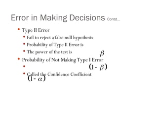 Error in Making Decisions Contd…
 Type II Error
 Fail to reject a false null hypothesis
 Probability of Type II Error is
 The power of the test is
 Probability of Not Making Type I Error

 Called the Confidence Coefficient
 
1 

 
1 


 