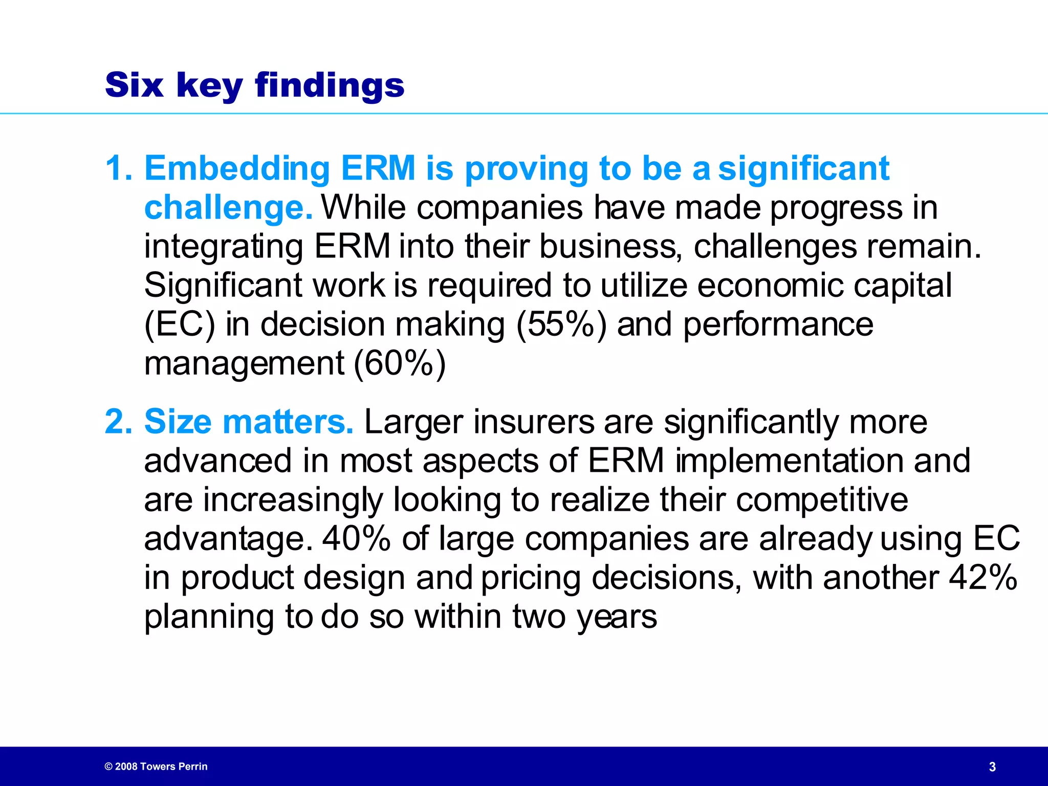 S ix key findings Embedding ERM is proving to be a significant challenge.  While companies have made progress in integrating ERM into their business, challenges remain.   Significant work is required to utilize economic capital (EC) in decision making (55%) and performance management (60%) Size matters.   Larger insurers are significantly more advanced in most aspects of ERM implementation and are increasingly looking to realize their competitive advantage. 40% of large companies are already using EC in product design and pricing decisions, with another 42% planning to do so within two years 
