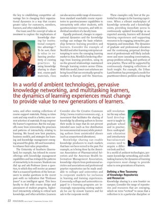 the key to establishing competitive ad-           can also access a wider range of resources—            These examples only hint at the po-
     vantage lies in changing their organiza-          from standard searchable course reposi-            tential for changes in the learning experi-
     tional dynamics in a way that creates             tories to question/answer capabilities to          ence. When a vibrant marketplace of
     greater value for customers, members,             interactivity with other students, with            knowledge networks and e-knowledge
     learners, and other stakeholders.                 question/answer resources, and with in-            exists, providing immediate access to
        Our team used the concept of value on          dividual members of a faculty team.                continuously updated knowledge as an
     investment to explore the implications of            Equally profound, changes in organi-            expected amenity, learners will demand
                             knowledge shar-           zational dynamics and the knowledge                learning experiences and supporting
                             ing for institu-          ecology can reshape the basic relation-            resources to be engaging, interactive, par-
                             tional competi-           ship between learning providers and                ticipatory, and immediate. The dynamics
                             tive advantage.10         learners. Consider the example of                  of graduate and professional education
                             To be sure, there         NextEd and other learning enterprises at-          and the continuing, perpetual develop-
                             is value in en-           tempting to serve the emerging learning            ment of professionals will likely include
                             hancing produc-           market in Asia. NextEd is brokering offer-         more and more cascading conversations,
                             tivity of existing        ings from learning providers, using its            group problem-solving, and synthesis of
                             practices by              on-the-ground relationships maintained             new practice. These will be supported by
                             using knowledge           through learning centers across China.             continuously changing collections of
                             sharing to share          With this model, lower-cost solutions are          fresh insight. For example, the Urban
                             text, course-pack         being found that can eventually spread to          Land Institute has prototyped a model for
                             materials, class          markets in Europe and the Americas.                practitioner-driven problem-solving that


     In a world of ambient technologies, pervasive
     knowledge networking, and multitasking learners,
     the dynamics of learning experiences must change
     to provide value to new generations of learners.
     notes, and other existing collections of          Consider also the Creative Commons                 will revolution-
     course-support materials. Doing so trims          (http://www.creativecommons.org), a                ize the way urban
     costs and may result in a better, more cur-       movement that facilitates the sharing of           land develop-
     rent selection of materials. It may improve       knowledge by allowing authors to license           ment is taught in
     the learner’s experience. But the real pay-       their works in ways that do not prevent            graduate school
     offs come from reinventing the processes          intended uses (such as free distribution           and in practice.
     and patterns of interactivity relating to         for noncommercial means) while protect-            Even undergrad-
     learning. We found new best practices,            ing authors from unintended abuses                 uate education
     business models, and strategies for learn-        (such as unsanctioned alterations).                and introductory
     ing and knowledge management emerg-                  K n o w l e d ge s ha r i n g c a n e n abl e   baccalaureate
     ing around the globe. All used innovation         knowledge producers to reach markets               courses need to
     to enhance their value proposition.               that have not been served in the past. For         acquire a differ-
         The University of Southern Queens-            example, as is being done by the Ameri-            ent look and feel.
     land, for example, has infused its course         can Association of Pharmaceutical Sci-             In a world of ambient technologies, per-
     offerings with knowledge management               entists and the American Health In-                vasive knowledge networking, and multi-
     capabilities and has reshaped the patterns        formation Management Association,                  tasking learners, the dynamics of learning
     of interactivity in its courses. Students can     knowledge objects from professional so-            experiences must change to provide
     dial up and ask Professor Jones a ques-           cieties and associations and professional          value to new generations of learners.
     tion, to which they will receive an answer        practice repositories can be made avail-
     that is a nuanced synthesis of the best an-       able to colleges and universities and              Defining a New Taxonomy
     swers to similar questions in the recent          to corporate markets for inclusion                 of Knowledge Repositories
     past—with no indication that “Professor           in learning and training experiences.              and Resources
     Jones” is an intelligent agent. This frees        Conversely, colleges and universities en-          Knowledge sharing is a new frontier on
     faculty to deal with course design and            gaged in e-learning programs are in-               campus. Consider the range of reposito-
     assessment of student progress, higher-           creasingly repurposing existing materi-            ries and resources that are emerging,
     level interactivity relating to critical tacit    als for use by remote learners and for             which we term “vertical” to mean that a
     knowledge, and other activities. Learners         sale to the corporate world.                       collection is in a particular discipline or

22   EDUCAUSE r   e v i e w   September/October 2003
 