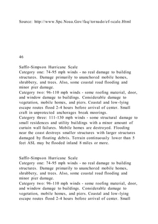 Source: http://www.Spc.Noaa.Gov/faq/tornado/ef-scale.Html
46
Saffir-Simpson Hurricane Scale
Category one: 74-95 mph winds - no real damage to building
structures. Damage primarily to unanchored mobile homes,
shrubbery, and trees. Also, some coastal road flooding and
minor pier damage.
Category two: 96-110 mph winds - some roofing material, door,
and window damage to buildings. Considerable damage to
vegetation, mobile homes, and piers. Coastal and low -lying
escape routes flood 2-4 hours before arrival of center. Small
craft in unprotected anchorages break moorings.
Category three: 111-130 mph winds - some structural damage to
small residences and utility buildings with a minor amount of
curtain wall failures. Mobile homes are destroyed. Flooding
near the coast destroys smaller structures with larger structures
damaged by floating debris. Terrain continuously lower than 5
feet ASL may be flooded inland 8 miles or more.
Saffir-Simpson Hurricane Scale
Category one: 74-95 mph winds - no real damage to building
structures. Damage primarily to unanchored mobile homes,
shrubbery, and trees. Also, some coastal road flooding and
minor pier damage.
Category two: 96-110 mph winds - some roofing material, door,
and window damage to buildings. Considerable damage to
vegetation, mobile homes, and piers. Coastal and low -lying
escape routes flood 2-4 hours before arrival of center. Small
 