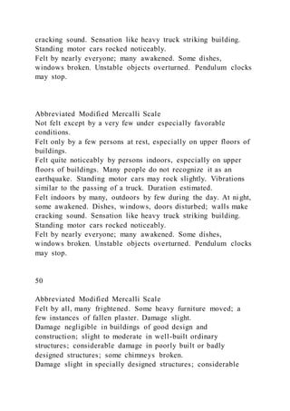 cracking sound. Sensation like heavy truck striking building.
Standing motor cars rocked noticeably.
Felt by nearly everyone; many awakened. Some dishes,
windows broken. Unstable objects overturned. Pendulum clocks
may stop.
Abbreviated Modified Mercalli Scale
Not felt except by a very few under especially favorable
conditions.
Felt only by a few persons at rest, especially on upper floors of
buildings.
Felt quite noticeably by persons indoors, especially on upper
floors of buildings. Many people do not recognize it as an
earthquake. Standing motor cars may rock slightly. Vibrations
similar to the passing of a truck. Duration estimated.
Felt indoors by many, outdoors by few during the day. At ni ght,
some awakened. Dishes, windows, doors disturbed; walls make
cracking sound. Sensation like heavy truck striking building.
Standing motor cars rocked noticeably.
Felt by nearly everyone; many awakened. Some dishes,
windows broken. Unstable objects overturned. Pendulum clocks
may stop.
50
Abbreviated Modified Mercalli Scale
Felt by all, many frightened. Some heavy furniture moved; a
few instances of fallen plaster. Damage slight.
Damage negligible in buildings of good design and
construction; slight to moderate in well-built ordinary
structures; considerable damage in poorly built or badly
designed structures; some chimneys broken.
Damage slight in specially designed structures; considerable
 