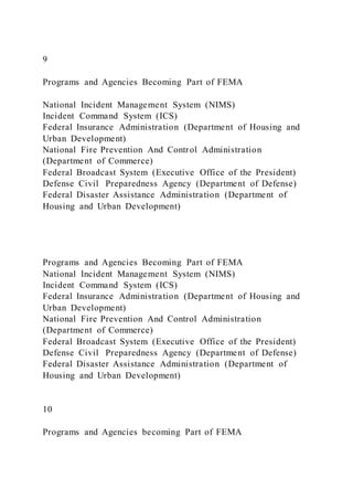 9
Programs and Agencies Becoming Part of FEMA
National Incident Management System (NIMS)
Incident Command System (ICS)
Federal Insurance Administration (Department of Housing and
Urban Development)
National Fire Prevention And Control Administration
(Department of Commerce)
Federal Broadcast System (Executive Office of the President)
Defense Civil Preparedness Agency (Department of Defense)
Federal Disaster Assistance Administration (Department of
Housing and Urban Development)
Programs and Agencies Becoming Part of FEMA
National Incident Management System (NIMS)
Incident Command System (ICS)
Federal Insurance Administration (Department of Housing and
Urban Development)
National Fire Prevention And Control Administration
(Department of Commerce)
Federal Broadcast System (Executive Office of the President)
Defense Civil Preparedness Agency (Department of Defense)
Federal Disaster Assistance Administration (Department of
Housing and Urban Development)
10
Programs and Agencies becoming Part of FEMA
 
