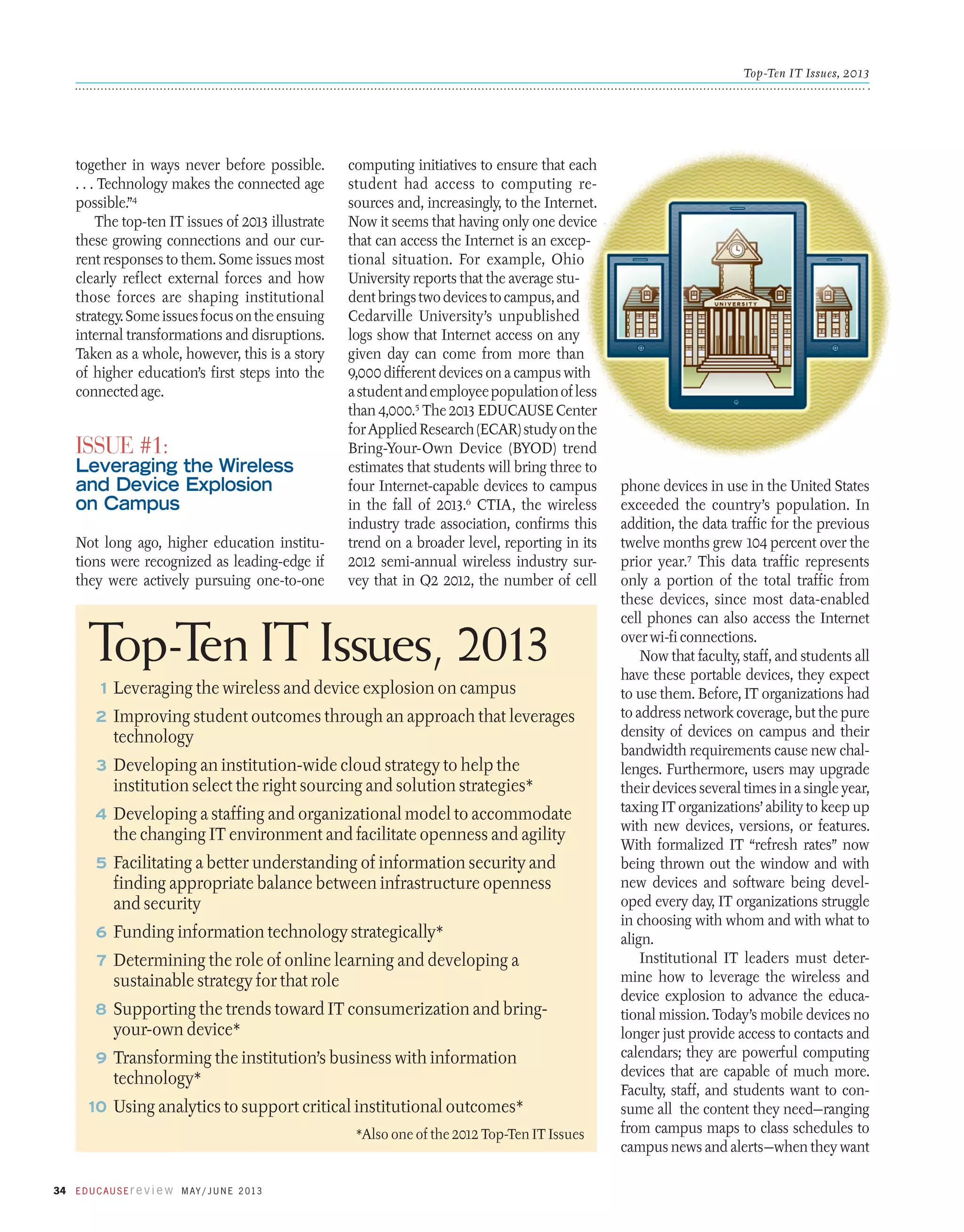 Top-Ten IT Issues, 2013

together in ways never before possible.
. . . Technology makes the connected age
possible.”4
The top-ten IT issues of 2013 illustrate
these growing connections and our current responses to them. Some issues most
clearly reflect external forces and how
those forces are shaping institutional
strategy. Some issues focus on the ensuing
internal transformations and disruptions.
Taken as a whole, however, this is a story
of higher education’s first steps into the
connected age.

Issue #1:

Leveraging the Wireless
and Device Explosion
on Campus
Not long ago, higher education institutions were recognized as leading-edge if
they were actively pursuing one-to-one

computing initiatives to ensure that each
student had access to computing resources and, increasingly, to the Internet.
Now it seems that having only one device
that can access the Internet is an exceptional situation. For example, Ohio
University reports that the average student brings two devices to campus, and
Cedarville University’s unpublished
logs show that Internet access on any
given day can come from more than
9,000 different devices on a campus with
a student and employee population of less
than 4,000.5 The 2013 EDUCAUSE Center
for Applied Research (ECAR) study on the
Bring-Your-Own Device (BYOD) trend
estimates that students will bring three to
four Internet-capable devices to campus
in the fall of 2013.6 CTIA, the wireless
industry trade association, confirms this
trend on a broader level, reporting in its
2012 semi-annual wireless industry survey that in Q2 2012, the number of cell

Top-T IT Issues, 2013
en
	 1	 Leveraging the wireless and device explosion on campus
	 2	 Improving student outcomes through an approach that leverages
technology
	 3	 Developing an institution-wide cloud strategy to help the
institution select the right sourcing and solution strategies*
	 4	 Developing a staffing and organizational model to accommodate
the changing IT environment and facilitate openness and agility
	 5	 Facilitating a better understanding of information security and
finding appropriate balance between infrastructure openness
and security
	 6	 Funding information technology strategically*
	 7	 Determining the role of online learning and developing a
sustainable strategy for that role
	 8	 Supporting the trends toward IT consumerization and bringyour-own device*
	 9	 Transforming the institution’s business with information
technology*
	10	 Using analytics to support critical institutional outcomes*
*Also one of the 2012 Top-Ten IT Issues

34 E d u c a u s E r e v i e w M ay / J u n e 2 013

phone devices in use in the United States
exceeded the country’s population. In
addition, the data traffic for the previous
twelve months grew 104 percent over the
prior year.7 This data traffic represents
only a portion of the total traffic from
these devices, since most data-enabled
cell phones can also access the Internet
over wi-fi connections.
Now that faculty, staff, and students all
have these portable devices, they expect
to use them. Before, IT organizations had
to address network coverage, but the pure
density of devices on campus and their
bandwidth requirements cause new challenges. Furthermore, users may upgrade
their devices several times in a single year,
taxing IT organizations’ ability to keep up
with new devices, versions, or features.
With formalized IT “refresh rates” now
being thrown out the window and with
new devices and software being developed every day, IT organizations struggle
in choosing with whom and with what to
align.
Institutional IT leaders must determine how to leverage the wireless and
device explosion to advance the educational mission. Today’s mobile devices no
longer just provide access to contacts and
calendars; they are powerful computing
devices that are capable of much more.
Faculty, staff, and students want to consume all the content they need—ranging
from campus maps to class schedules to
campus news and alerts—when they want

 