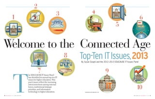 2

4

3

1

6

5

W
elcome to the Connected Age
8

Top-Ten IT Issues, 2013
By Susan Grajek and the 2012–2013 EDUCAUSE IT Issues Panel

T

7

he EDUCAUSE IT Issues Panel
has identified its annual top-ten IT
issues for higher education. This
year’s issues reflect the increasing
interconnections among external
forces, institutional strategic
priorities, and information
technology in higher education.

30 E d u c a u s E r e v i e w M ay / J u n e 2 013

9
10
Illustration by Peter & Maria Hoey, © 2013

M ay / J u n e 2 013 E d u c a u s e r e v i e w 31

 
