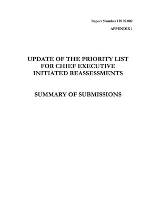 Report Number HS 07.002

                           APPENDIX 1




UPDATE OF THE PRIORITY LIST
   FOR CHIEF EXECUTIVE
 INITIATED REASSESSMENTS


 SUMMARY OF SUBMISSIONS
 
