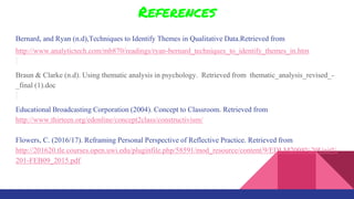 References
Bernard, and Ryan (n.d),Techniques to Identify Themes in Qualitative Data.Retrieved from
http://www.analytictech.com/mb870/readings/ryan-bernard_techniques_to_identify_themes_in.htm
Braun & Clarke (n.d). Using thematic analysis in psychology. Retrieved from thematic_analysis_revised_-
_final (1).doc
Educational Broadcasting Corporation (2004). Concept to Classroom. Retrieved from
http://www.thirteen.org/edonline/concept2class/constructivism/
Flowers, C. (2016/17). Reframing Personal Perspective of Reflective Practice. Retrieved from
http://201620.tle.courses.open.uwi.edu/pluginfile.php/58591/mod_resource/content/9/EDLM2008%20Unit%
201-FEB09_2015.pdf
 