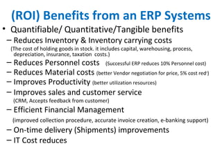 (ROI) Benefits from an ERP Systems
• Quantifiable/ Quantitative/Tangible benefits
– Reduces Inventory & Inventory carrying costs
(The cost of holding goods in stock. it includes capital, warehousing, process,
depreciation, insurance, taxation costs.)
– Reduces Personnel costs (Successful ERP reduces 10% Personnel cost)
– Reduces Material costs (better Vendor negotiation for price, 5% cost redn
)
– Improves Productivity (better utilization resources)
– Improves sales and customer service
(CRM, Accepts feedback from customer)
– Efficient Financial Management
(improved collection procedure, accurate invoice creation, e-banking support)
– On-time delivery (Shipments) improvements
– IT Cost reduces
 