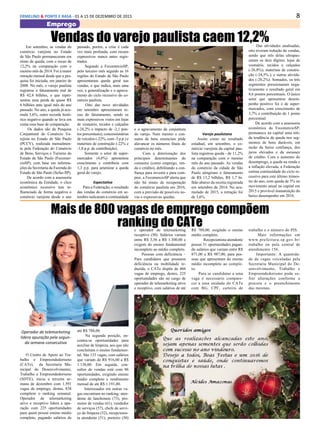 8ERMELINO & PONTE E RASA - 01 A 15 DE DEZEMBRO DE 2015
Emprego
Vendas do varejo paulista caem 12,2%Em setembro, as vendas do
comércio varejista no Estado
de São Paulo permaneceram em
ritmo de queda, com o recuo de
12,2% na comparação com o
mesmo mês de 2014. Foi a maior
retração mensal desde que a pes-
quisa foi iniciada, em janeiro de
2008. No mês, o varejo paulista
registrou o faturamento real de
R$ 42,4 bilhões, o que repre-
sentou uma perda de quase R$
6 bilhões ante igual mês do ano
passado. No ano, a queda já acu-
mula 5,6%, outro recorde histó-
rico negativo quando se leva em
conta essa base de comparação.
Os dados são da Pesquisa
Conjuntural do Comércio Va-
rejista no Estado de São Paulo
(PCCV), realizada mensalmen-
te pela Federação do Comércio
de Bens, Serviços e Turismo do
Estado de São Paulo (Fecomer-
cioSP), com base em informa-
ções da Secretaria da Fazenda do
Estado de São Paulo (Sefaz-SP).
De acordo com a assessoria
econômica da Entidade, o clico
econômico recessivo tem in-
fluenciado de forma negativa o
comércio varejista desde o ano
passado, porém, a crise é cada
vez mais profunda, com recuos
expressivos nunca antes regis-
trados.
Segundo a FecomercioSP,
pelo terceiro mês seguido as 16
regiões do Estado de São Paulo
apresentaram queda geral nas
vendas, o que indica, mais uma
vez, a generalização e o agrava-
mento do ciclo recessivo do co-
mércio paulista.
Oito das nove atividades
em setembro apresentaram re-
cuo do faturamento, sendo os
mais expressivos vistos em lojas
de vestuário, tecidos e calçados
(-24,2% e impacto de -2,1 pon-
tos porcentuais); concessionárias
de veículos (-22%, com -3 p.p.) e
materiais de construção (-22% e
-1,8 p.p. de contribuição).
Somente o setor de super-
mercados (4,6%) apresentou
crescimento e contribuiu com
1,3 p.p. para amenizar a queda
geral do varejo.
Expectativa
Para a Federação, o resultado
das vendas do comércio em se-
tembro indicaram a continuidade
e o agravamento da conjuntura
do varejo. Nem mesmo o con-
sumo de bens essenciais pôde
alavancar os números finais do
comércio no mês.
Com a deterioração dos
principais determinantes do
consumo (como emprego, ren-
da e crédito), debilitando a con-
fiança para investir e para com-
prar, a FecomercioSP alerta que
não há sinais de recuperação
do comércio paulista em 2016,
com a previsão de possíveis no-
vas e expressivas quedas.
Varejo paulistano
Assim como no resultado
estadual, em setembro, o co-
mércio varejista da capital pau-
lista registrou queda - de 11,2%
na comparação com o mesmo
mês do ano passado. As vendas
do comércio da cidade de São
Paulo atingiram o faturamento
de R$ 13,2 bilhões, R$ 1,7 bi-
lhão abaixo da receita registrada
em setembro de 2014. No acu-
mulado de 2015, a retração foi
de 3,6%.
Das atividades analisadas,
oito tiveram redução de vendas,
sendo que três delas ultrapas-
saram os dois dígitos: lojas de
vestuário, tecidos e calçados
(-26,8%); materiais de constru-
ção (-24,5%.); e outras ativida-
des (-20,2%). Somados, os três
segmentos pressionaram nega-
tivamente o resultado geral em
8,6 pontos porcentuais. O único
setor que apresentou desem-
penho positivo foi o de super-
mercados, com crescimento de
3,7% e contribuição de 1 ponto
porcentual.
De acordo com a assessoria
econômica da FecomercioSP,
permanece na capital uma níti-
da tendência de queda nos seg-
mentos de bens duráveis, em
razão da baixa confiança, dos
juros elevados e da escassez
de crédito. Com o aumento do
desemprego, a queda na renda e
a inflação elevada, a Federação
estima continuidade do ciclo re-
cessivo para este último trimes-
tre do ano, com queda de 5% no
movimento anual na capital em
2015 e provável manutenção do
baixo desempenho em 2016.
Mais de 800 vagas de emprego compõem
ranking do CATe
Operador de telemarketing
lidera apuração pela segun-
da semana consecutiva
O Centro de Apoio ao Tra-
balho e Empreendedorismo
(CATe), da Secretaria Mu-
nicipal do Desenvolvimento,
Trabalho e Empreendedorismo
(SDTE), inicia a terceira se-
mana de dezembro com 1.591
vagas de emprego, destas, 838
compõem o ranking semanal.
Operador de telemarketing
ativo e receptivo lidera a apu-
ração com 225 oportunidades
para quem possui ensino médio
completo, pagando salários de
até R$ 788,00.
Na segunda posição, en-
contra-se oportunidades para
auxiliar de limpeza, aos que não
concluíram o ensino fundamen-
tal. São 133 vagas, com salários
que variam de R$ 916,00 a R$
1.138,00. Em seguida, con-
sultor de vendas está com 86
oportunidades, exigindo ensino
médio completo e rendimento
mensal de até R$ 1.191,00.
Interessados em outras va-
gas encontram no ranking: aten-
dente de lanchonete (73), pro-
motor de vendas (61), vendedor
de serviços (57), chefe de servi-
ço de limpeza (52), recepcionis-
ta atendente (51), porteiro (50)
e operador de telemarketing
receptivo (50). Salários variam
entre R$ 3,56 a R$ 1.300,00 e
exigem do ensino fundamental
incompleto ao médio completo.
Pessoas com deficiência –
Para candidatos que possuem
deficiência ou mobilidade re-
duzida, o CATe dispõe de 466
vagas de emprego, destes, 225
oportunidades são no cargo de
operador de telemarketing ativo
e receptivo, com salários de até
R$ 788,00, exigindo o ensino
médio completo.
Recepcionista-atendente
possui 51 oportunidades pagan-
do salários que variam entre R$
871,00 a R$ 987,00, para pes-
soas que apresentam do ensino
médio incompleto ao comple-
to.
Para se candidatar a uma
vaga é necessário compare-
cer a uma unidade do CATe
com RG, CPF, carteira de
trabalho e o número do PIS.
Mais informações em
www.prefeitura.sp.gov.br/
trabalho ou pela central de
atendimento 156.
Importante: A quantida-
de de vagas veiculadas pela
Secretaria Municipal do De-
senvolvimento, Trabalho e
Empreendedorismo pode so-
frer alterações conforme a
procura e o preenchimento
das mesmas.
 